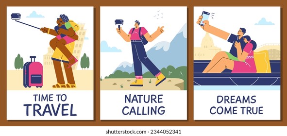 Travel agency advertising posters set, flat vector illustration. Happy people traveling and taking selfies. Couples visiting Venice and Pisa. Man taking photo on top of mountain.