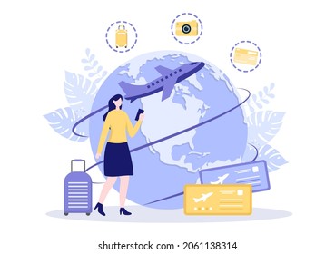 Travel Agency Background Vector illustration. People Visit the Landmarks of these World Famous Tourist Attractions using Plane, Car or Boat Transportation