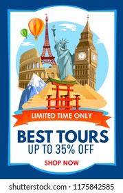 Travel agency banner with discounts for tours. Vector illustration.