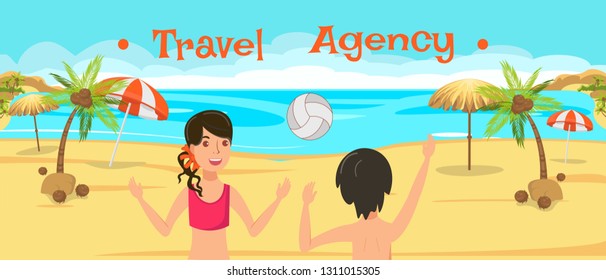 Travel agency banner flat vector design template. Sea resort activities. Couple play beach volleyball. Holidaymakers, tourists have fun cartoon characters. Summer vacation illustration with lettering