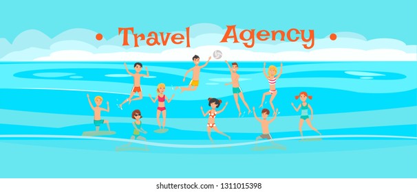 Travel agency banner flat vector template. Sea resort. Water volleyball, polo game. Holidaymakers, tourists play with ball, have fun cartoon characters. Summer vacation illustration with lettering