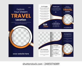 Agencia de viajes Folleto Diseño de Plantilla de Anuncio para Anuncios. Viajar, turismo o vacaciones de verano tour de marketing en línea Folleto de diseño, post o cartel con fondo gráfico abstracto y logotipo.