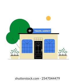 Edificio De Agencia De Viajes Con Un Cartel En Ilustración vectorial Plana Que Simboliza Servicios Turísticos, Planificación De Viajes Y Paquetes De Vacaciones, Aislados Sobre Fondo Blanco.