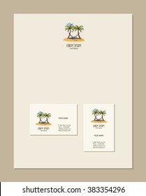 Travel agency business card template. Palm trees with a hammock on the island. Hand drawn summer symbol. Doodles, sketch for your design. Vector illustration.