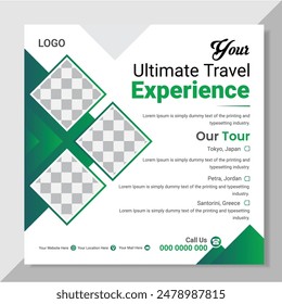 Diseño de Plantilla de Anuncio de Web de promoción de negocios de agencia de viajes para redes sociales. Viajar, turismo o vacaciones de verano tour de marketing en línea flyer, post o póster con fondo gráfico abstracto.