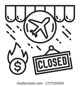 Travel agency closing black line icon. Economic risis. Collapse business. Markets plunging. Sign for web page, app. UI UX GUI design element. Editable stroke.