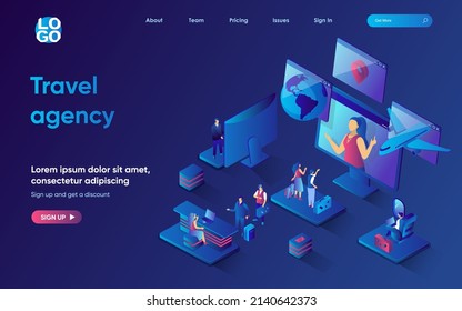 Travel agency concept 3d isometric web landing page. People with luggage choose vacation tour, buy plane tickets, booking hotel and travel around world. Vector illustration for web template design