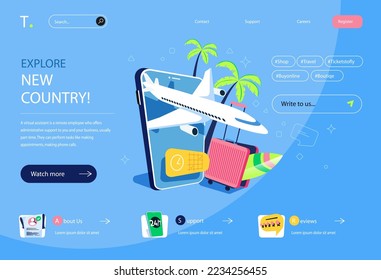 Travel agency concept in flat cartoon design for homepage layout. Choosing tour for rest, booking and paying for flights tickets and hotel rooms. Vector illustration for landing page and web banner