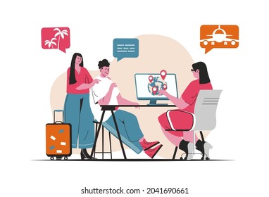 Travel agency concept isolated. International tourism, recreation and traveling. People scene in flat cartoon design. Vector illustration for blogging, website, mobile app, promotional materials.