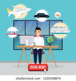 Travel agency concept. Man sitting at the table in the office. Vacation booking airplane, cruise liner, train, auto. Flat design modern vector illustration concept.