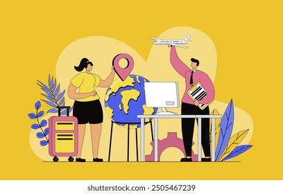 Travel agency concept with modern flat design for web. Woman traveler consulting with tour operator, choosing journey direction for vacation trip and ordering flight tickets. Vector illustration.