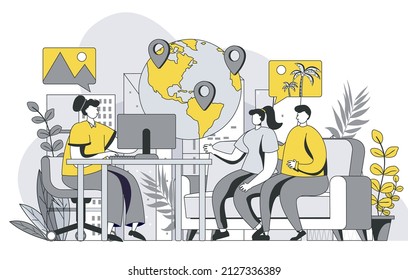 Travel agency concept with outline people scene. Man and woman consulting with tour operator, choosing journey direction for vacation trip. Vector illustration in flat line design for web template