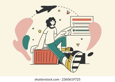 Travel agency concept with people scene in flat retro design for web. Tourist choosing vacation destination and booking flight tickets. Vector illustration for social media banner, marketing material.