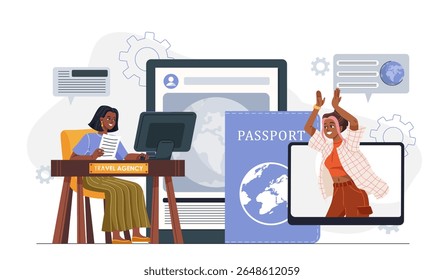 Travel agency concept. Woman sitting at computer near foreign passport. Preparing for trip or journey. Holiday and vacation. Consultation and assistance. Flat vector illustration