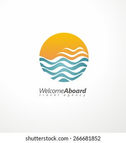 Travel agency creative symbol concept. Cruise icon with sun, sea and seagull. Abstract circle with blue ocean. Logo design template with exotic destinations.