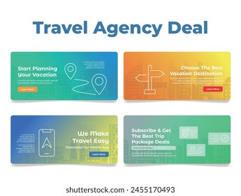 Travel agency deal vacation destination trip journey landing page set design template vector illustration. Tourism journey planning service world tour agency commercial company internet advertising