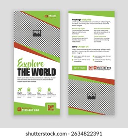 Travel Agency Double-sided Rack Card and DL Flyer Template. Perfect for promoting your travel services and tours. Clean, stylish design with space for your unique offerings