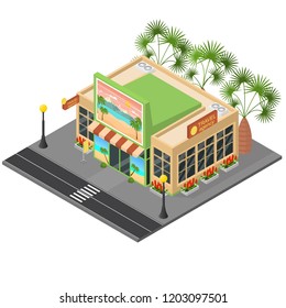 Travel Agency Facade Building Concept 3d Isometric View Journey Company. Vector illustration of Tourism Business Office with Signboard