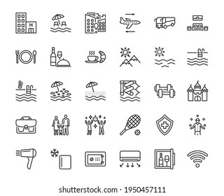 Travel agency flat line icon set. Vector illustration tourism service symbols included, flight, transfer, food, insurance. Editable strokes