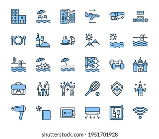 Travel agency flat line icon set blue color. Vector illustration tourism service symbols included, flight, transfer, food, insurance. Editable strokes