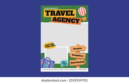 Travel Agency Flyer.  Brochure template layout design. Corporate business flyer catalog, magazine mockup. Creative poster, booklet, flyer or banner concept.