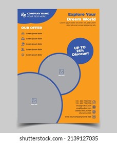 Travel Agency Flyer Layout With Circular Photo Elements, true or advertising flyer Vector template 