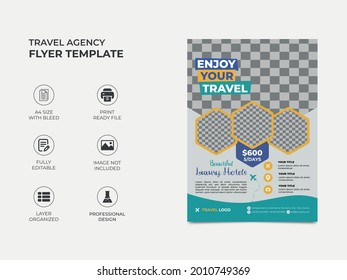 travel agency flyer template design with four image placement, professional color used in the template. eye catchy, well organized fully editable design. vector a4 size, eps 10 version.