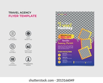 travel agency flyer template design with four image placement, professional gradient color used in the template. eye catchy, well organized fully editable design. vector a4 size, eps 10 version.