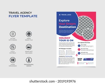 travel agency flyer template design with two image placement, light red, yellow, blue colors used in the template. eye catchy, well organized fully editable design. vector a4 size, eps 10.