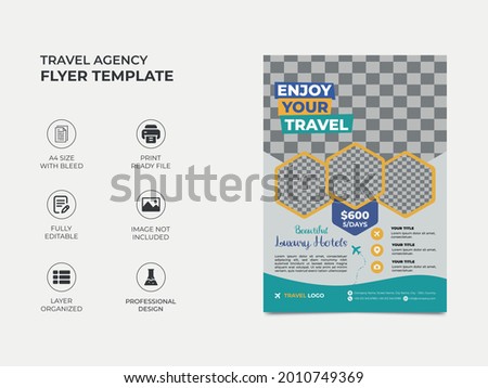 travel agency flyer template design with four image placement, professional color used in the template. eye catchy, well organized fully editable design. vector a4 size, eps 10 version. Stock photo © 