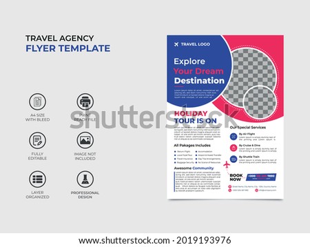 travel agency flyer template design with two image placement, light red, yellow, blue colors used in the template. eye catchy, well organized fully editable design. vector a4 size, eps 10. Stock photo © 