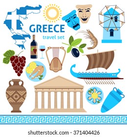 Travel agency greece cultural tours poster with national historical symbols flag and country map flat vector illustration