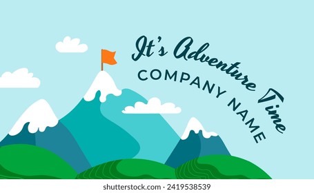 Travel agency or guide offering camping and hiking trips for travelers. Mountain range with trails and flag set on top of peak of mount. Business or visiting card. Vector in flat style illustration