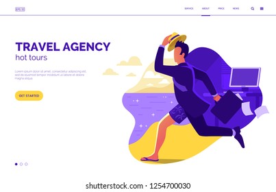 Travel agency home page design concept. Man in suit running from office to the beach vector illustration. Summer vacation web banner. Tourism to tropical countries. Special offer on travel. Eps 10