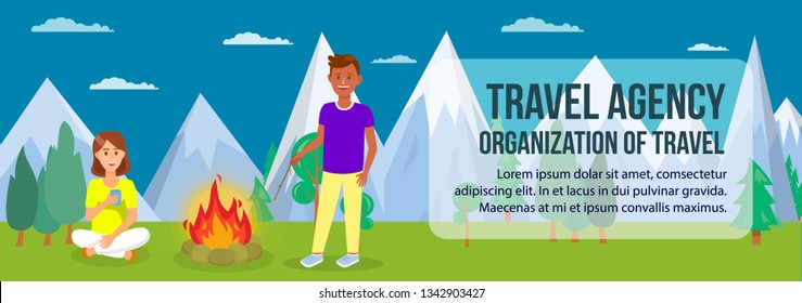 Travel Agency Horizontal Web Banner with Copyspace. Friends on Summer Camping Holiday Vector Illustration. Couple on Picnic. Boyfriend and Girlfriend Cartoon Character. Mountain Landscape Flat Drawing