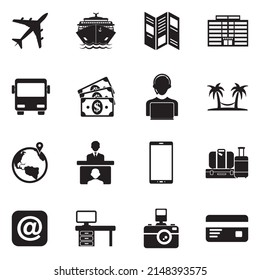 Travel Agency Icons. Black Flat Design. Vector Illustration.