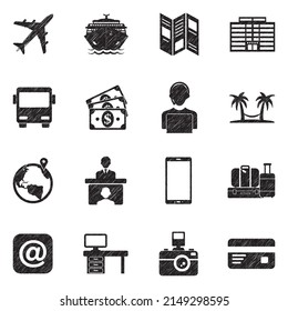 Travel Agency Icons. Black Scribble Design. Vector Illustration.