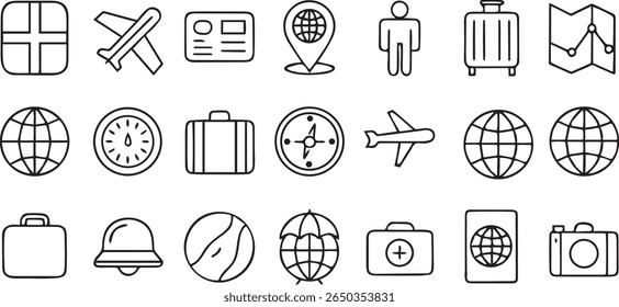 Travel Agency Icons, tourism services, passport, airplane, suitcase, editable solid black vector pack