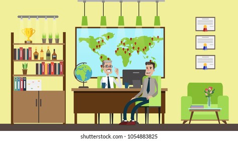 Travel agency interior with people warking and working.