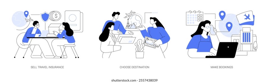 Travel agency isolated cartoon vector illustrations set. Agent selling travel insurance to customer, couple choose destination, professional booking service, tourism industry vector cartoon.