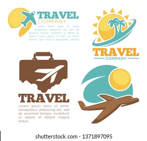 Travel agency isolated icons plane and flight tropical island vector airplane and baggage or suitcase wild trees and sun emblems or logo resort journey or voyage vacation or holidays arrangement