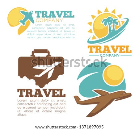 Travel agency isolated icons plane and flight tropical island vector airplane and baggage or suitcase wild trees and sun emblems or logo resort journey or voyage vacation or holidays arrangement