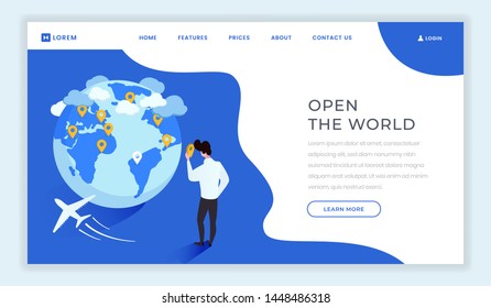 Travel agency isometric landing page template. Open new countries, world motto, slogan on tourist agency webpage. Cartoon man, traveler choosing locations, destinations on globe, continents map