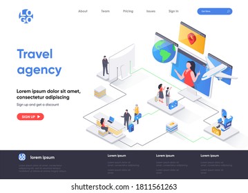 Travel agency isometric landing page. Online booking service, comfortable air transportation, airport boarding isometry concept. Tour operator flat web page. Vector illustration with people characters