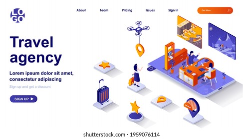 Travel agency isometric landing page. Operator helps client to choose vacation tour isometry concept. Tourism, summer journey 3d web banner. Vector illustration with people characters in flat design