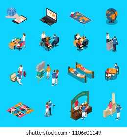 Travel agency isometric set of world map souvenir shop photo session guide conducting tour isolated icons vector illustration