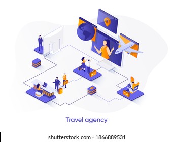 Travel agency isometric web banner. Tour operator isometry concept. Online booking service, comfortable air transportation 3d scene, airport boarding design. Vector illustration with people characters
