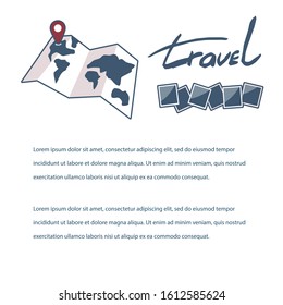 Travel agency latin lettering business page lorem ipsum map marker photos white isolated stock vector illustration