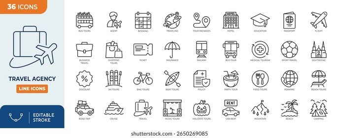 Conjunto de ícones editáveis da linha da agência de viagens. Contendo viagens, turismo, reservas, passeios diferentes, assistência de visto, seguro e muito mais. Traçado editável. Ilustração vetorial