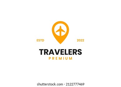 Travel agency logo with airplane and location icon design vector template